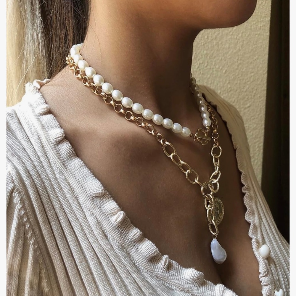 Pearl Layered Choker Necklace Gold and Pearl Necklace Set - Picture 2 of 3